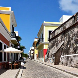 Caribbean Holidays, Cheap November Puerto Rico, Historic cobbled street in Old San Juan with colourful buildings, street cafes and the walls of Castillo San Felipe del Morro