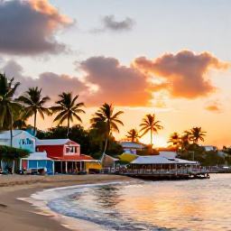 Caribbean Holidays, Cheap November Puerto Rico, Relaxed Puerto Rican seaside town at sunset with palm-fringed shore, colourful houses and a small waterfront restaurant