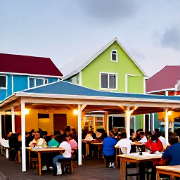 Caribbean Holidays, Cheap October Aruba, A friendly open-air restaurant in Oranjestad, Aruba, with colourful buildings, local food and visitors enjoying a warm October evening