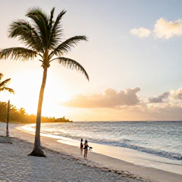 Caribbean Holidays, Cheap October Aruba, A quiet white-sand beach in Aruba at sunrise, with palm trees, gentle waves and a couple enjoying an October holiday