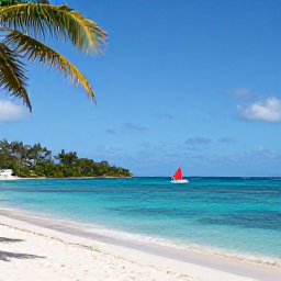 Caribbean Holidays, Cheap October BVI, A bright Caribbean beach in the British Virgin Islands in October, with calm turquoise water, palm trees and a small sailing boat offshore