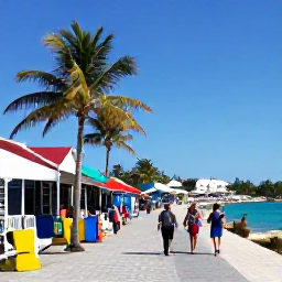 Caribbean Holidays, Cheap October BVI, A friendly local market and colourful waterfront in Road Town, Tortola, with palm trees, island shops and visitors exploring in October