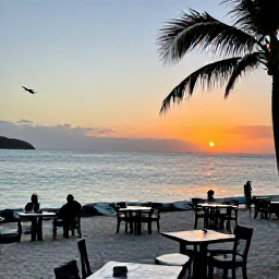Caribbean Holidays, Cheap October BVI, A relaxed evening at a British Virgin Islands beach restaurant, with sunset light, simple tables, palm trees and calm sea