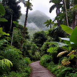 Caribbean Holidays, Cheap October Dominica, Lush Dominica rainforest with a winding trail, misty mountains and tropical green foliage in soft October light