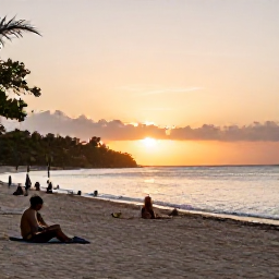 Caribbean Holidays, Cheap October Grenada, Sunset over Grand Anse Beach in Grenada, warm evening light, calm Caribbean water and people enjoying a relaxed beachfront atmosphere