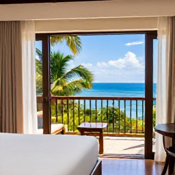 Caribbean Holidays, Cheap October Holidays, A comfortable Caribbean hotel room and balcony overlooking tropical gardens and the sea in Trinidad and Tobago