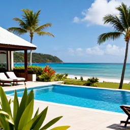Caribbean Holidays, Cheap October Holidays, A comfortable Saint Lucia hotel terrace with a swimming pool, tropical plants and a view towards the Caribbean Sea