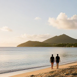 Caribbean Holidays, Cheap October Holidays, A couple walking beside a quiet Caribbean beach at sunset on Saint Kitts, with warm light, calm water, and distant green hills