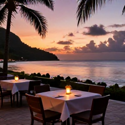 Caribbean Holidays, Cheap October Holidays, A relaxed Saint Lucia evening beside the sea with outdoor tables, soft lights and a colourful Caribbean sunset