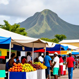 Caribbean Holidays, Cheap October Holidays, Colourful Caribbean market in Kingstown with local fruit stalls, friendly people and green mountains in the background