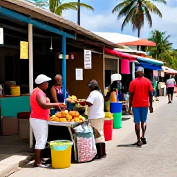 Caribbean Holidays, Cheap October Holidays, Colourful Caribbean market street with local fruit, crafts and friendly vendors under bright tropical sunlight