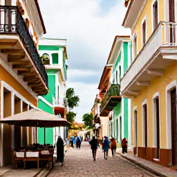 Caribbean Holidays, Cheap October Holidays, Colourful colonial street in Santo Domingo, Dominican Republic, with historic buildings, caf&eacute;s and people exploring on foot