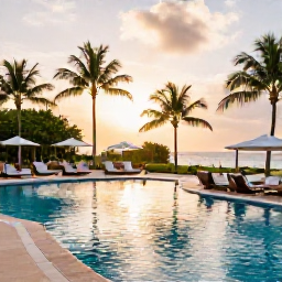 Caribbean Holidays, Cheap October Holidays, Comfortable Caribbean resort with swimming pool, palm trees and guests relaxing beneath a warm evening sky