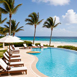 Caribbean Holidays, Cheap October Holidays, Comfortable Dominican Republic resort pool overlooking a tropical beach, with sun loungers and travellers enjoying a relaxed October afternoon