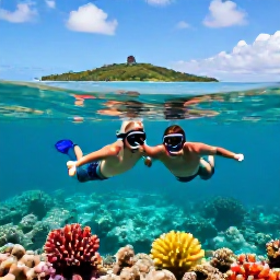 Caribbean Holidays, Cheap October Holidays, Couple snorkelling in clear Caribbean water above a colourful coral reef with a tropical island in the background