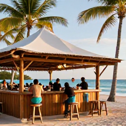 Caribbean Holidays, Cheap October Holidays, Friendly Dominican beach bar beside a palm-lined shore, with travellers enjoying local food and drinks in warm October sunshine