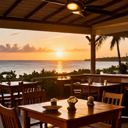 Caribbean Holidays, Cheap October Holidays, Friendly outdoor Caribbean restaurant in Turks and Caicos at sunset, simple tables, local food and warm evening light
