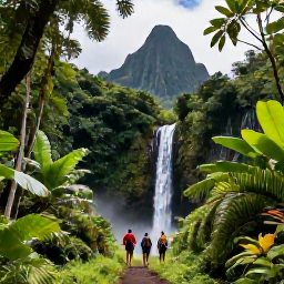 Caribbean Holidays, Cheap October Holidays, Hikers walking through lush rainforest towards a waterfall on Saint Vincent, with volcanic mountains and tropical foliage