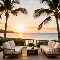 Caribbean Holidays, Cheap October Holidays, Relaxed Caribbean hotel terrace overlooking a bay at sunset, with simple comfortable furnishings and palm trees