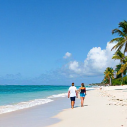 Caribbean Holidays, Cheap October Holidays, Relaxed couple walking along Grace Bay Beach in October, with calm turquoise sea and palm trees