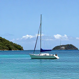 Caribbean Holidays, Cheap October Holidays, Small boat sailing across calm Caribbean water around Saint Martin and Sint Maarten, sunny sky, green coastline and nearby islands