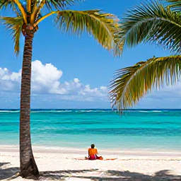 Caribbean Holidays, Cheap October Holidays, Sunny Caribbean beach in October with turquoise sea, palm trees and a relaxed traveller enjoying the shore