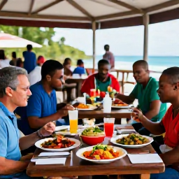 Caribbean Holidays, Cheap October Holidays, Travellers enjoying a casual Caribbean meal and colourful local dishes at an outdoor restaurant on Saint Kitts