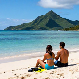 Caribbean Holidays, Cheap October Holidays, Travellers relaxing on a beautiful United States Virgin Islands beach, with snorkelling equipment, calm sea and green tropical hills in the background