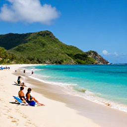 Caribbean Holidays, Cheap October Holidays, Travellers relaxing on a peaceful Caribbean beach near Grand Case, gentle waves, sun loungers and green hills in the background