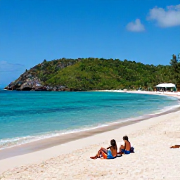 Caribbean Holidays, Cheap October Holidays, Travellers relaxing on a quiet sandy beach in Tobago, with clear sea, green hills and a small local beach caf&eacute;