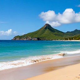 Caribbean Holidays, Cheap October Martinique, A beautiful Martinique coastal bay with golden sand, clear Caribbean water, green hills and a small boat offshore