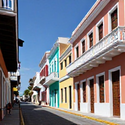 Caribbean Holidays, Cheap Puerto Rico April, Colourful Old San Juan street with Spanish colonial buildings, balconies and people enjoying a sunny afternoon