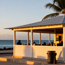 Caribbean Holidays, Cheap Puerto Rico April, Relaxed Puerto Rico holiday scene with a small seaside restaurant, local food and golden evening light