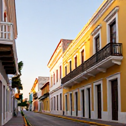 Caribbean Holidays, Cheap Puerto Rico, Colourful colonial streets and historic buildings in Old San Juan, Puerto Rico, in warm morning sunlight