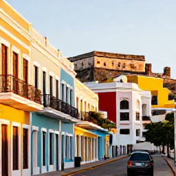 Caribbean Holidays, Cheap Puerto Rico, Colourful colonial streets in Old San Juan, Puerto Rico, with pastel buildings, balconies and historic fortifications in warm Caribbean sunshine