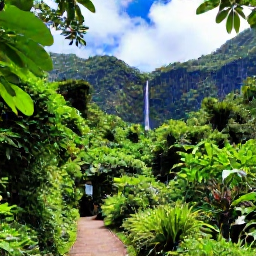 Caribbean Holidays, Cheap Puerto Rico, El Yunque National Forest in Puerto Rico with lush green mountains, a forest trail and a waterfall beneath a bright tropical sky