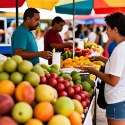 Caribbean Holidays, Cheap Puerto Rico, Friendly local food market in Puerto Rico with colourful fruit, street-food stalls and visitors choosing inexpensive traditional dishes