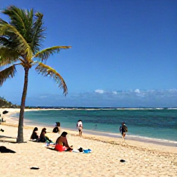 Caribbean Holidays, Cheap Puerto Rico, Golden sandy beach in Puerto Rico with turquoise water, palm trees and travellers enjoying a relaxed, affordable day by the sea
