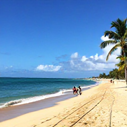 Caribbean Holidays, Cheap Puerto Rico, Golden sandy beach with clear turquoise water, palm trees and a few relaxed visitors on the Puerto Rico coast