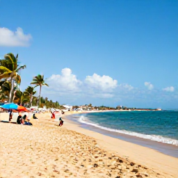 Caribbean Holidays, Cheap Puerto Rico, Golden sandy beach with turquoise water, palm trees and visitors relaxing on a sunny Puerto Rican coast