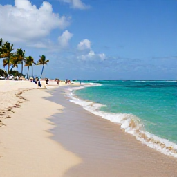 Caribbean Holidays, Cheap Puerto Rico Holidays, Travellers relaxing on a wide sandy Puerto Rico beach with turquoise water, gentle waves and palm trees