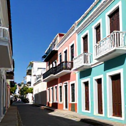 Caribbean Holidays, Cheap Puerto Rico March, Colourful Old San Juan street with historic Spanish buildings, balconies and visitors exploring in warm March sunshine