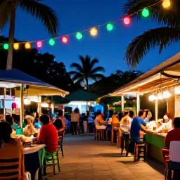Caribbean Holidays, Cheap Puerto Rico March, Friendly Puerto Rican town square at dusk with local food, colourful lights and visitors enjoying live music