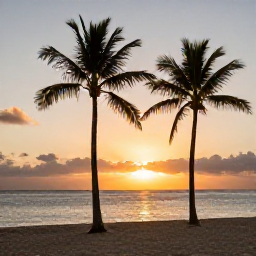 Caribbean Holidays, Cheap Puerto Rico, Sunset over a Puerto Rican beach with gently moving palm trees, warm evening light and a relaxed holiday atmosphere
