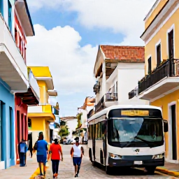Caribbean Holidays, Cheap Puerto Rico, Travellers using a local bus and walking through a lively Puerto Rican neighbourhood with colourful buildings