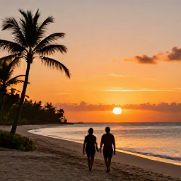 Caribbean Holidays, Cheap Relaxing Holidays, A couple walking slowly along a quiet Caribbean beach at sunset, with palm silhouettes, warm orange light and calm sea