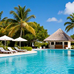 Caribbean Holidays, Cheap Relaxing Holidays, A peaceful Caribbean resort pool surrounded by tropical greenery, with shaded loungers, a small bar and bright blue sky