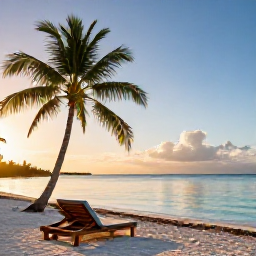 Caribbean Holidays, Cheap Relaxing Holidays, A quiet Caribbean beach at sunrise with soft golden light, palm trees, calm turquoise water and a comfortable sun lounger