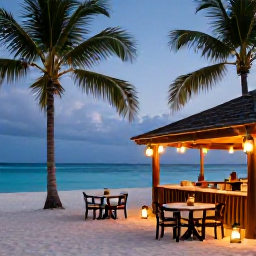 Caribbean Holidays, Cheap Relaxing Holidays, A tranquil Caribbean beach restaurant at dusk with a few tables, lanterns, palm trees and the sea in the background