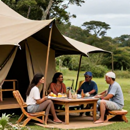 Caribbean Holidays, Cheap Safari Holidays, Comfortable budget safari camp with canvas tents, wooden dining area and travellers enjoying breakfast beside a natural landscape